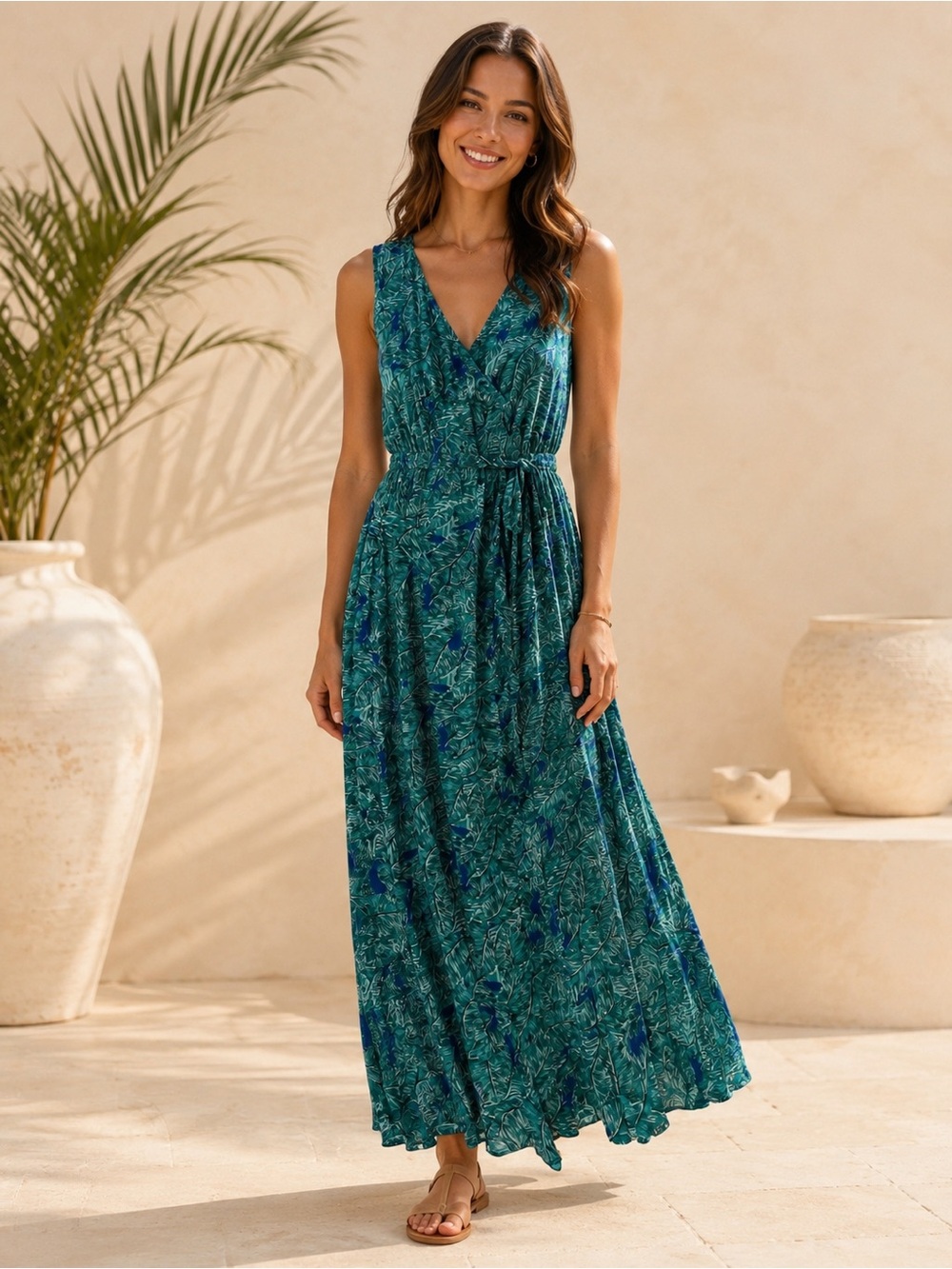 Women’s Sleeveless Maxi Dress, Size Small, Side Slits, V- Neck Resort Wear